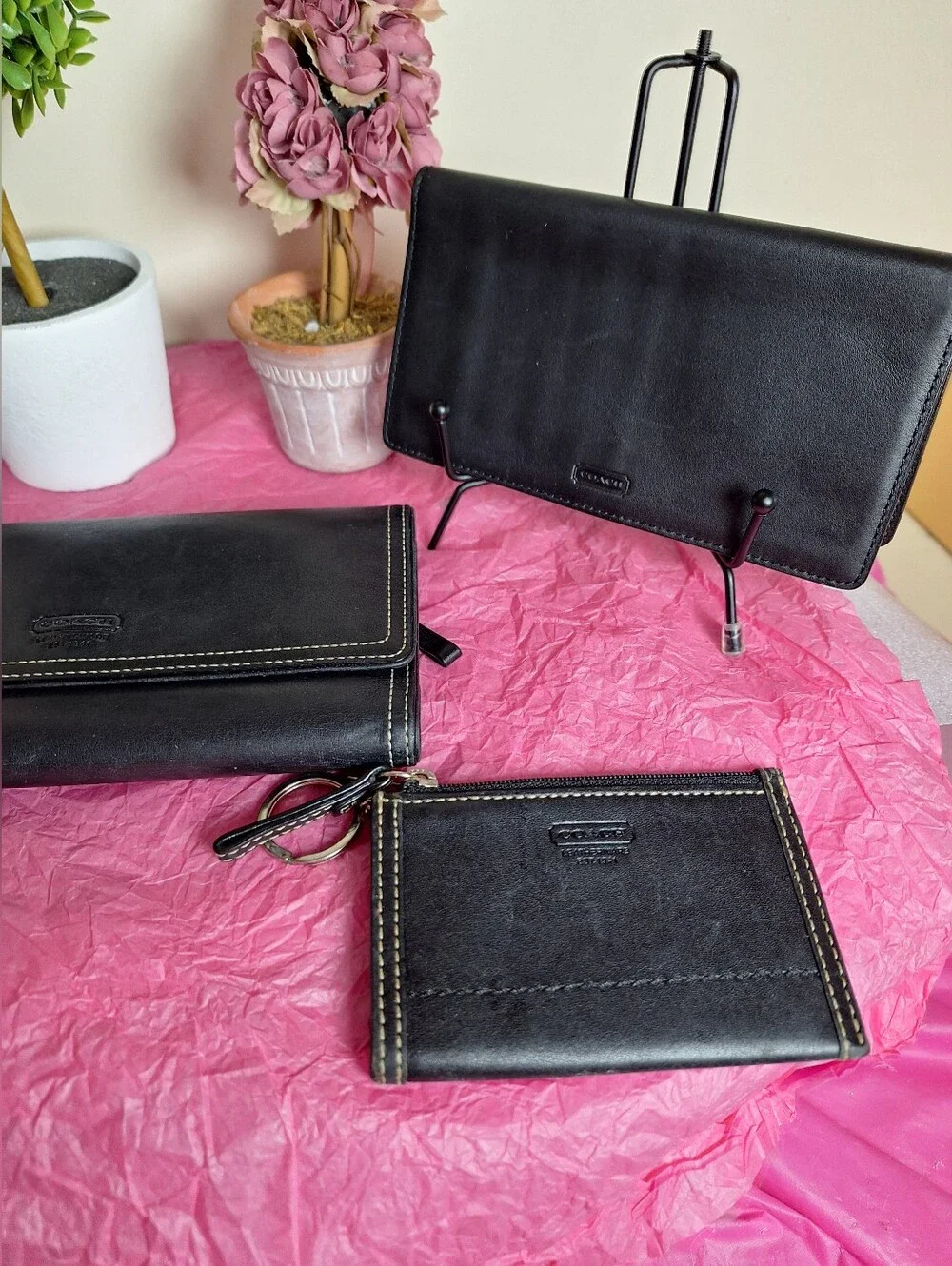 COACH Set Black Leather Wallet, Checkbook Insert & Key Pouch Set